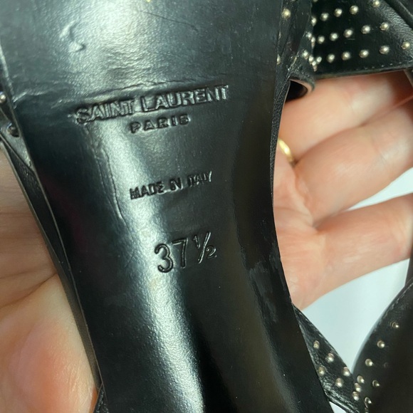 YSL Saint Laurent ankle strap studded sandals heels leather black 37.5 - Picture 10 of 11